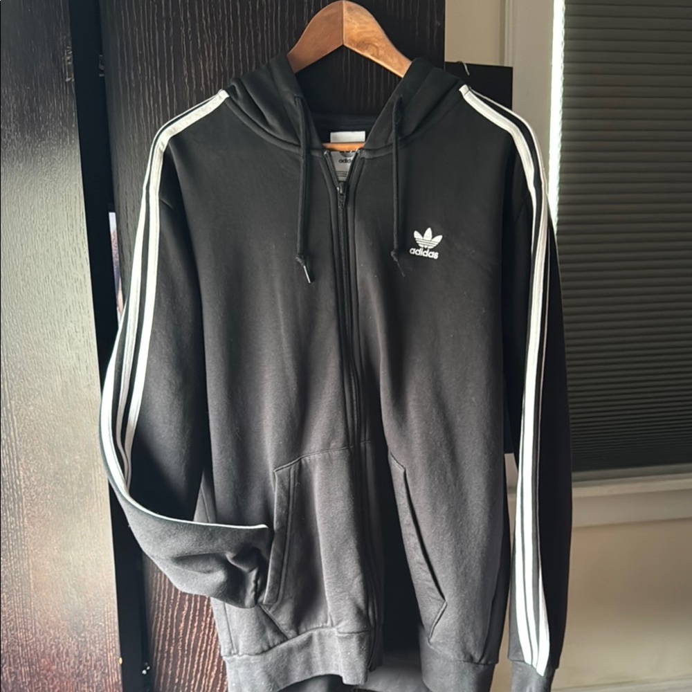 adidas Originals Black Zip Up Sweater with Iconic Stripes